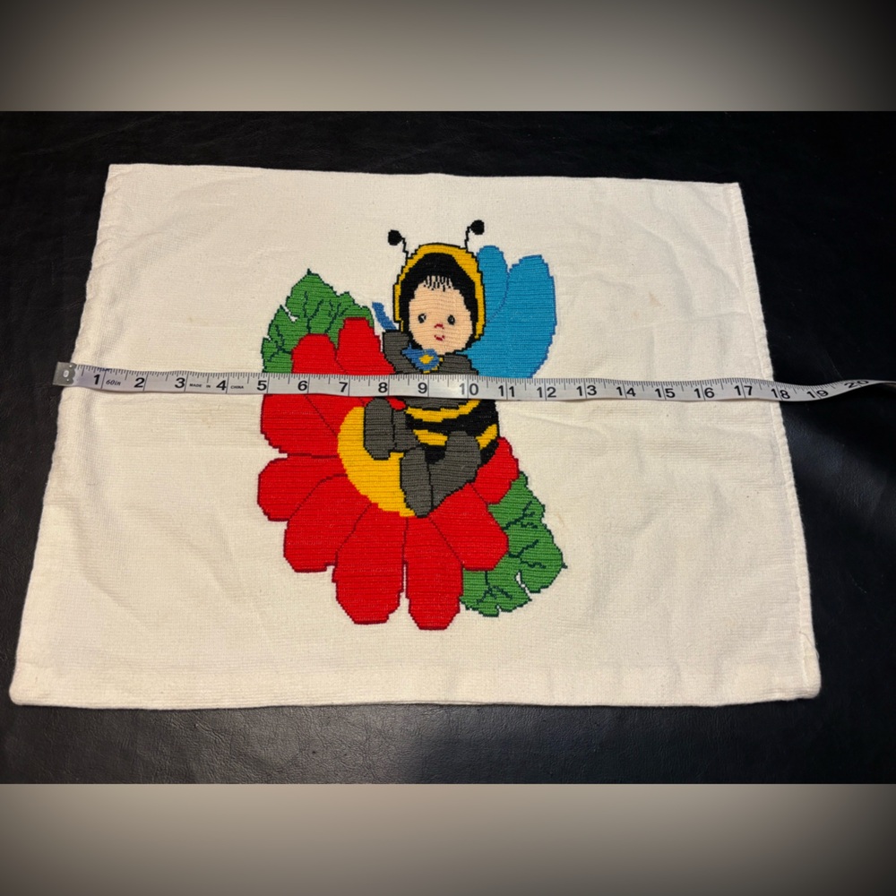 Vintage Handmade Needlepoint Pillow Cover Bee Child on Flower - Picture 7 of 8